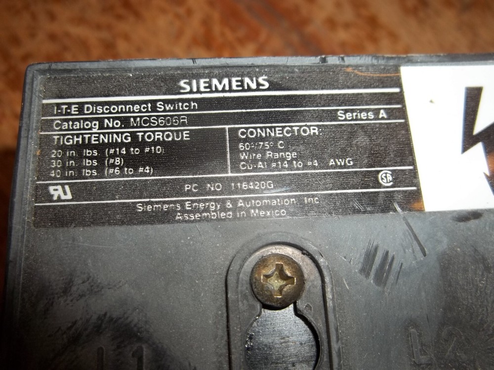 SIEMENS ITE DISCONNECT SWITCH MCS606R SER A (WL23-3)