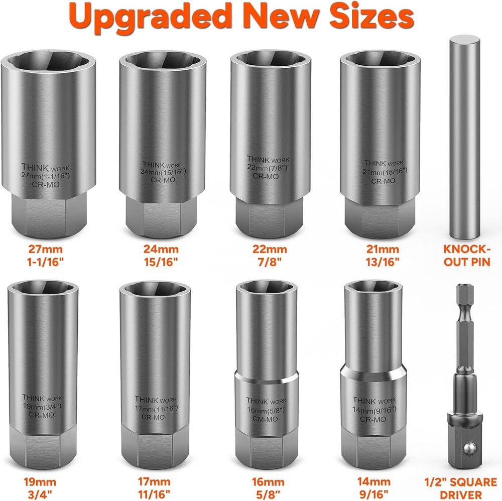THINKWORK 1/2 Inch Drive Lug Nut Extractor Set, Large Sizes, 10pcs Wheel...