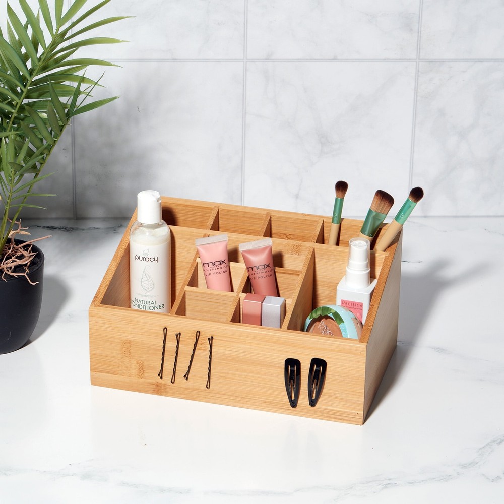 12-Compartment Bamboo Bathroom Organizer Brown