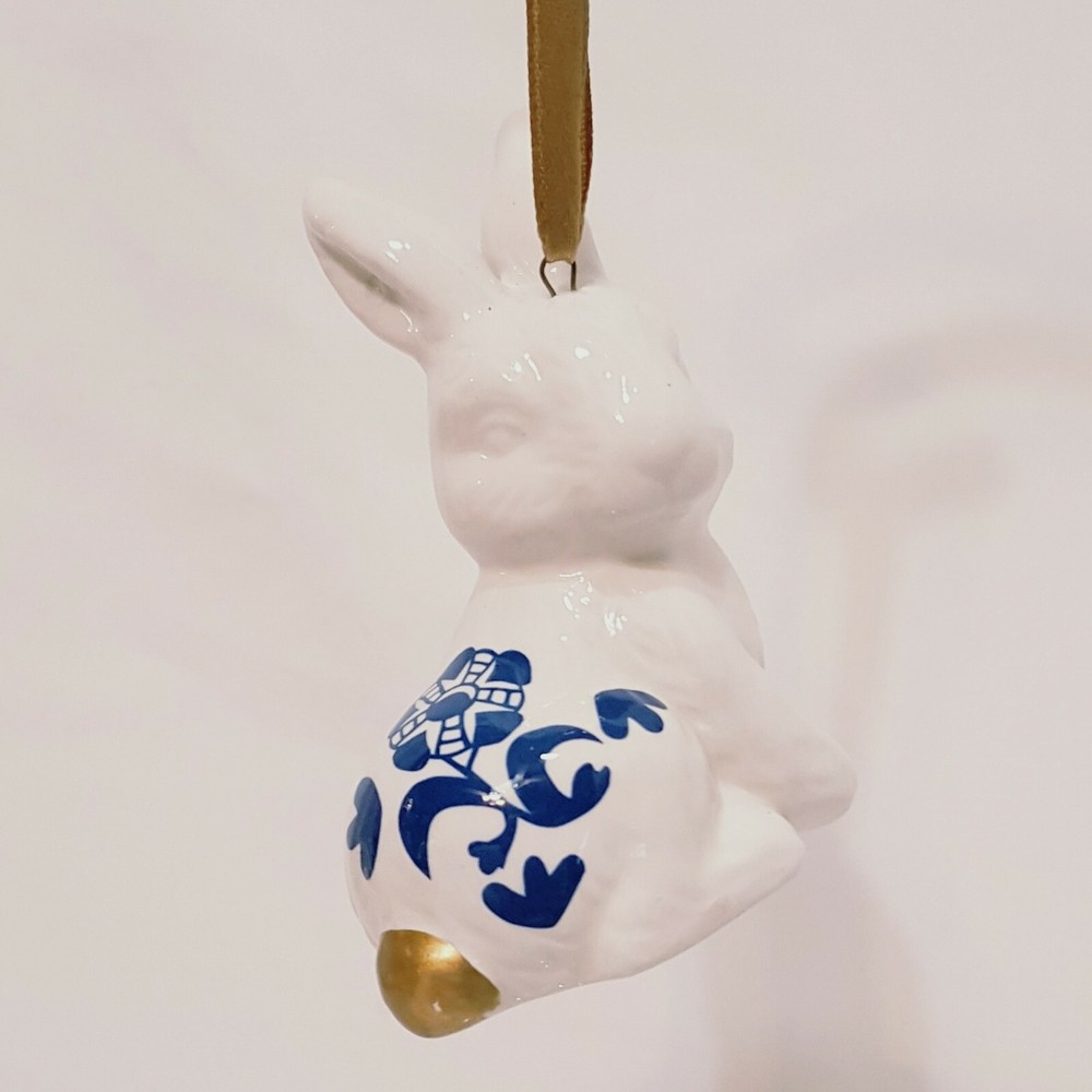 White Rabbit Blue Flower Ornament 3" Bunny Easter Ceramic