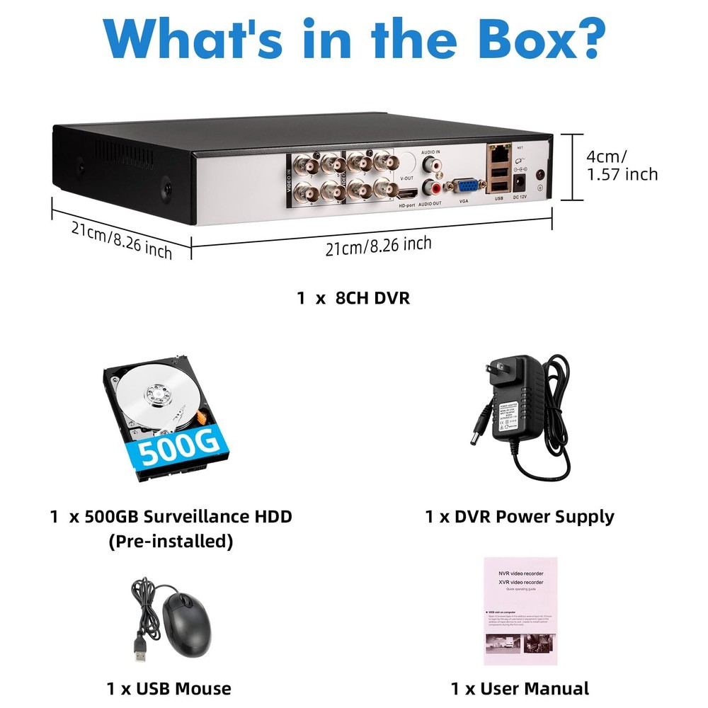8CH DVR Security Video Camera Recorder Human Detection with 500GHDD Set
