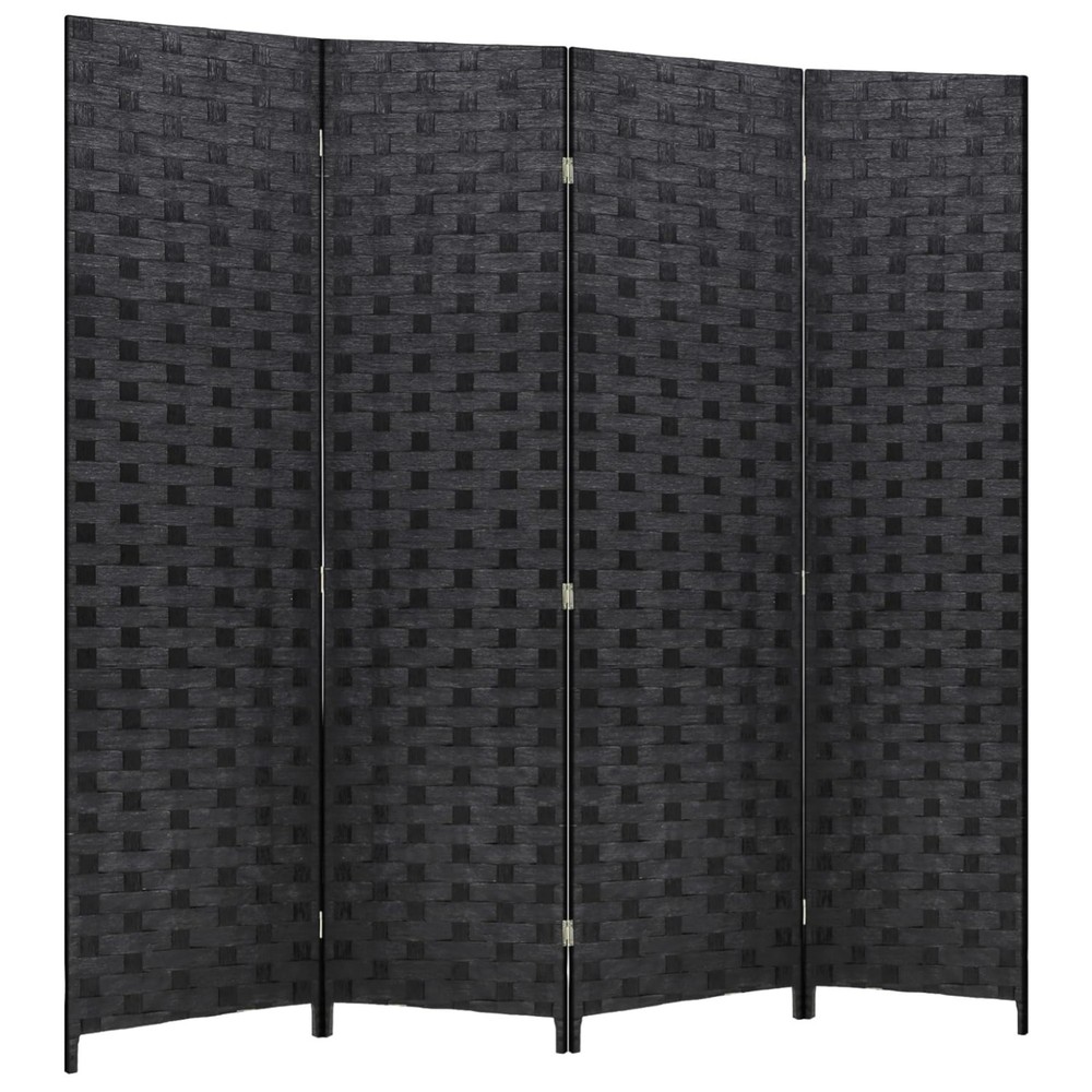 Versatile 4-Panel Folding Wood Divider | Modern Coal Black Woven Privacy Screen