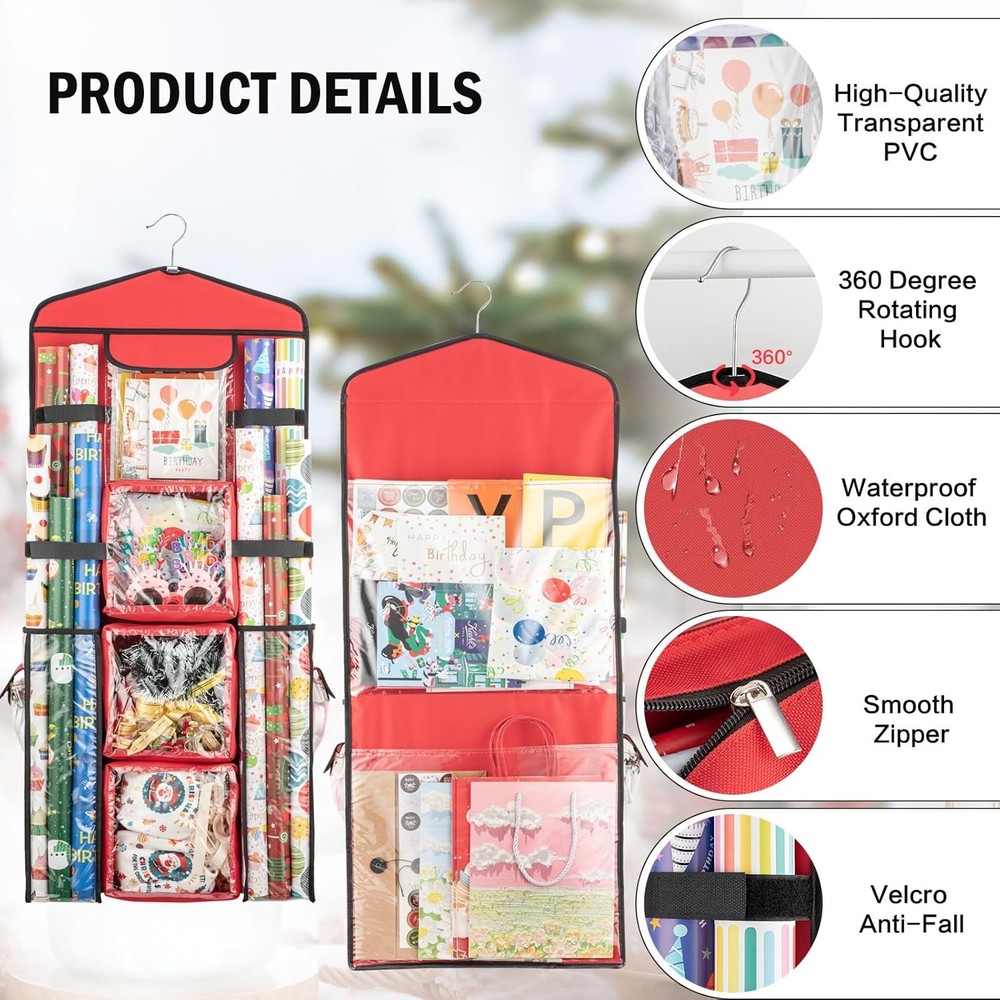 Wrapping Paper Organizer - Hanging Gift Wrap Storage Container, Double-Sided