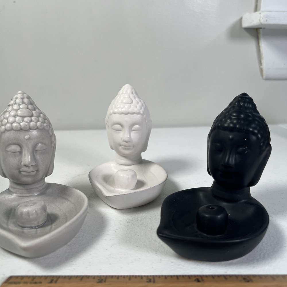 3 Ceramic Buddha Figures Incense Burner Holders White/Black/Gray