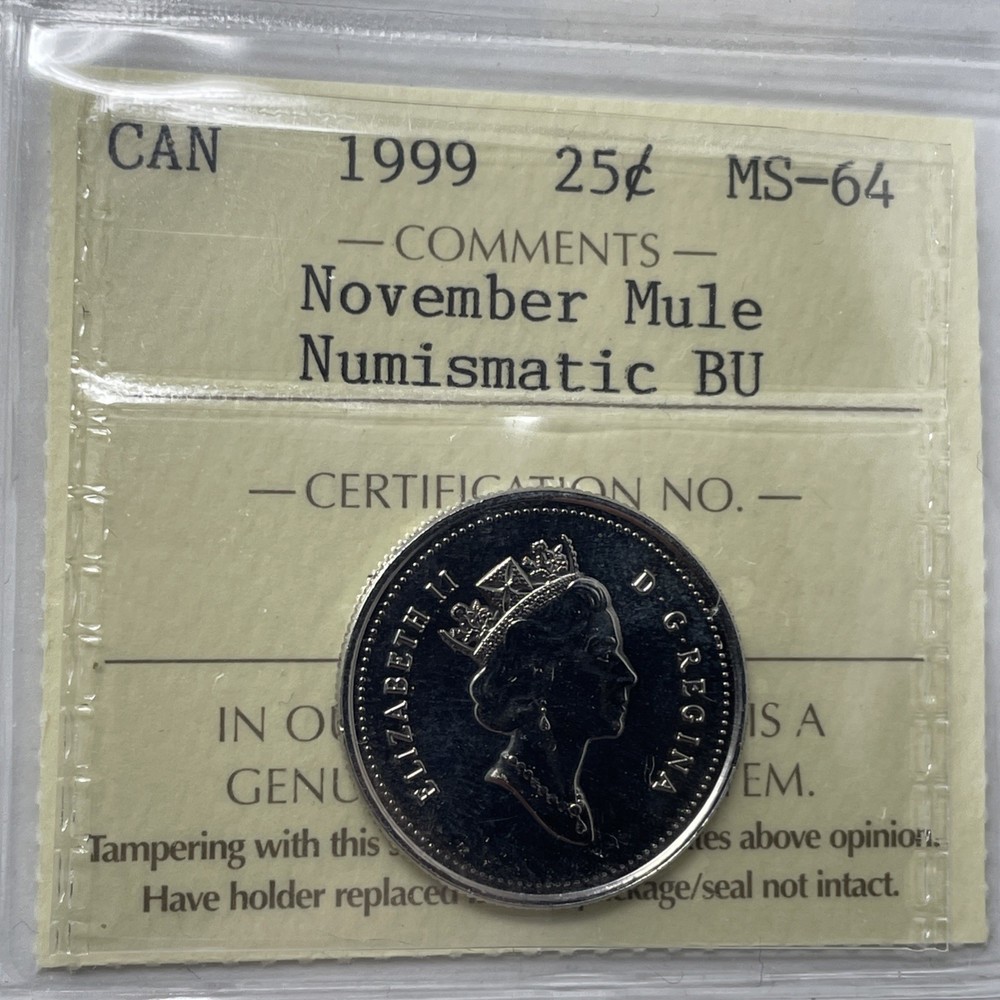 1999 November Mule Canada 25 Cent. ICCS Certified MS-64. C-2527