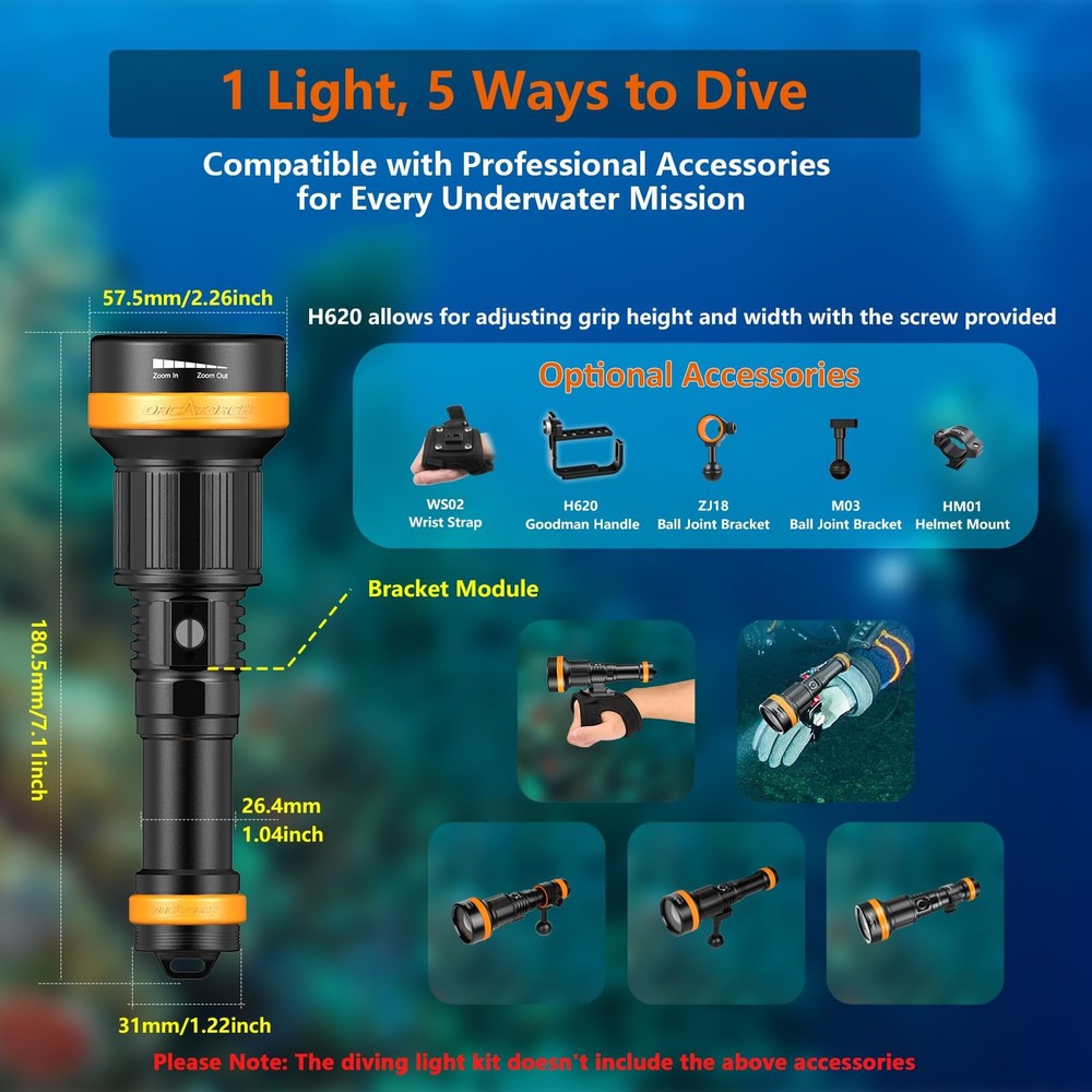 Zoomable Dive Light with Adjustable Beam, 920M Range, IP68 Waterproof Torch