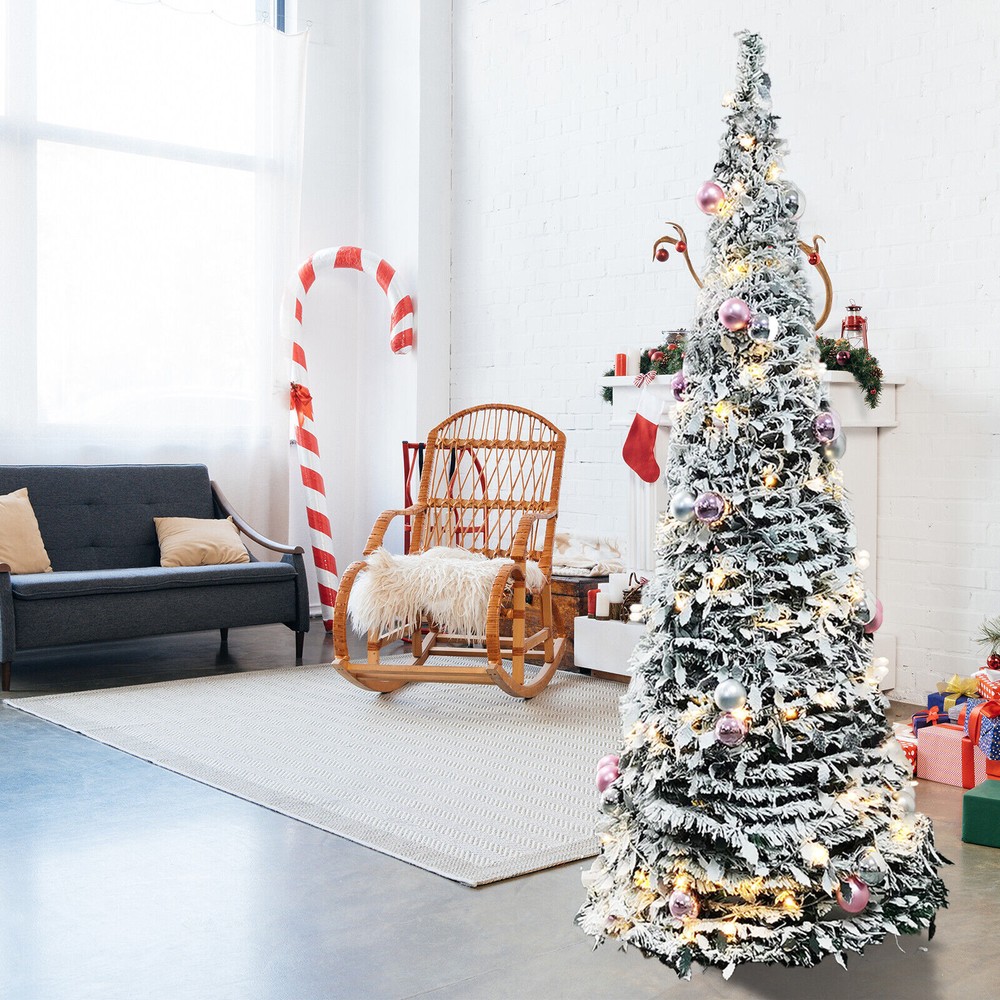 6ft Christmas Tree Foldable Full Tree Pre-Lit Snow Flocked LED String Light Xmas
