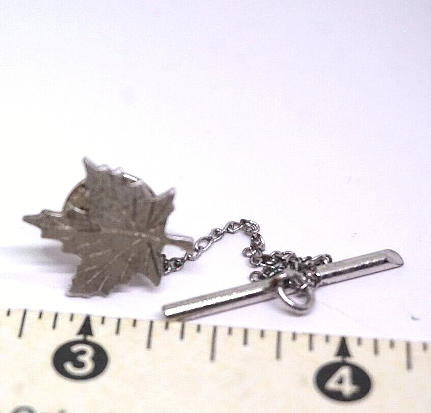 Tie Tack Pin with Chain Maple Leaf Silver Tone