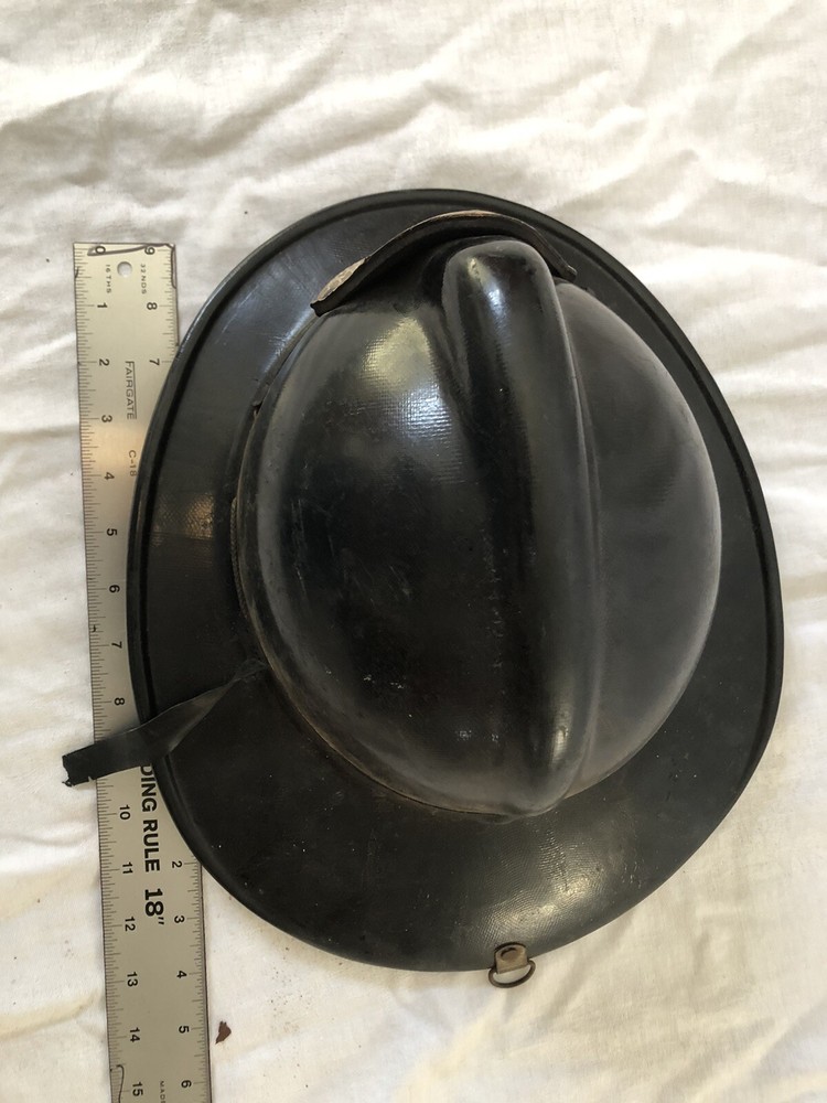 VINTAGE BLACK PLASTIC FIRE HELMET ~ MHC #2 LEATHET FRONT