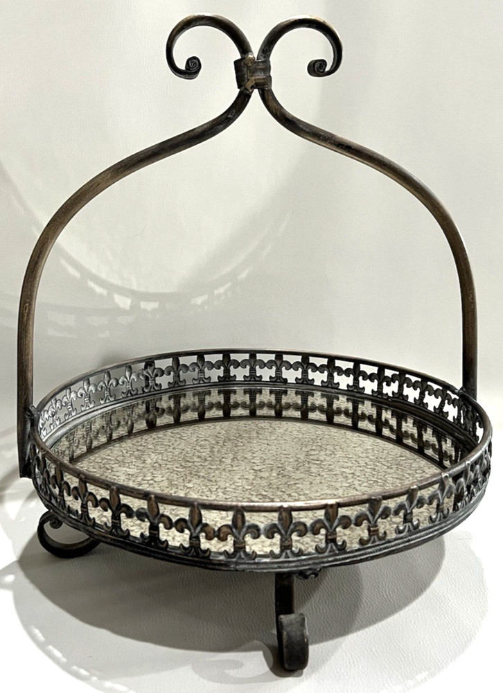 Vanity Tray Cake Dessert Stand 12"x12"x14.5" Mirror Bottom Fleur-de-lis Pattern
