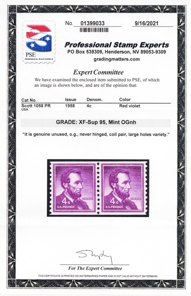 1058, MNH Superb Coil Pair - PSE Graded 98 Certificate - Stuart Katz