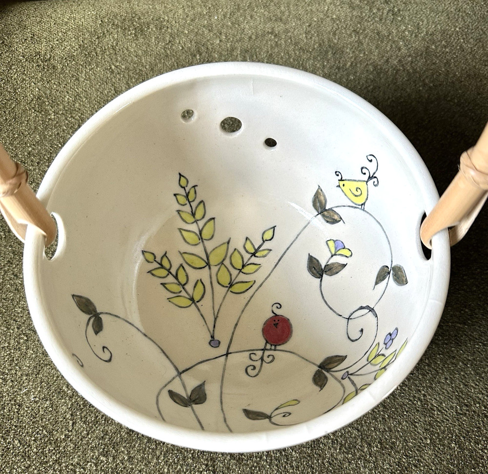 Studio Art Ceramic Yarn Bowl With Bamboo Handle - Hand-painted
