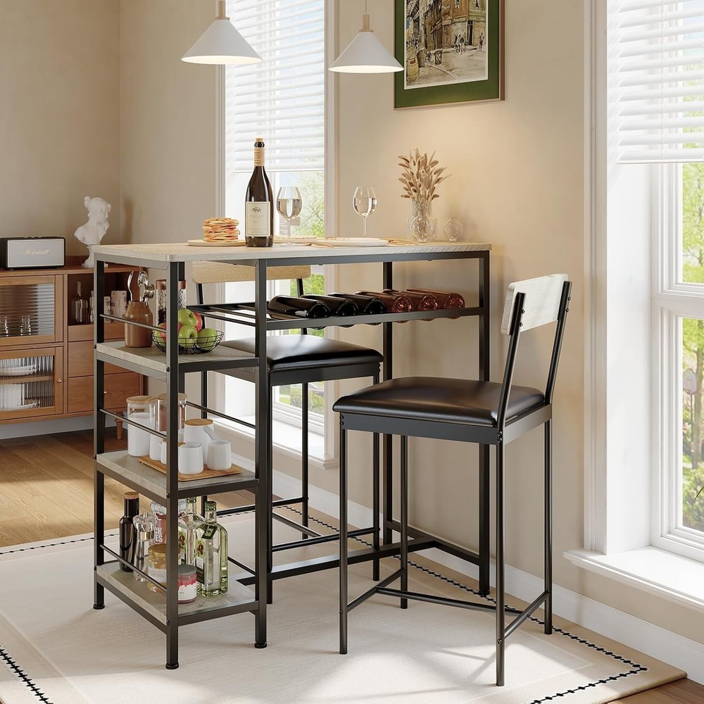 3-Piece Dining Table Set w/ Upholstered Bar Stool Wine Rack Kitchen Dining Room