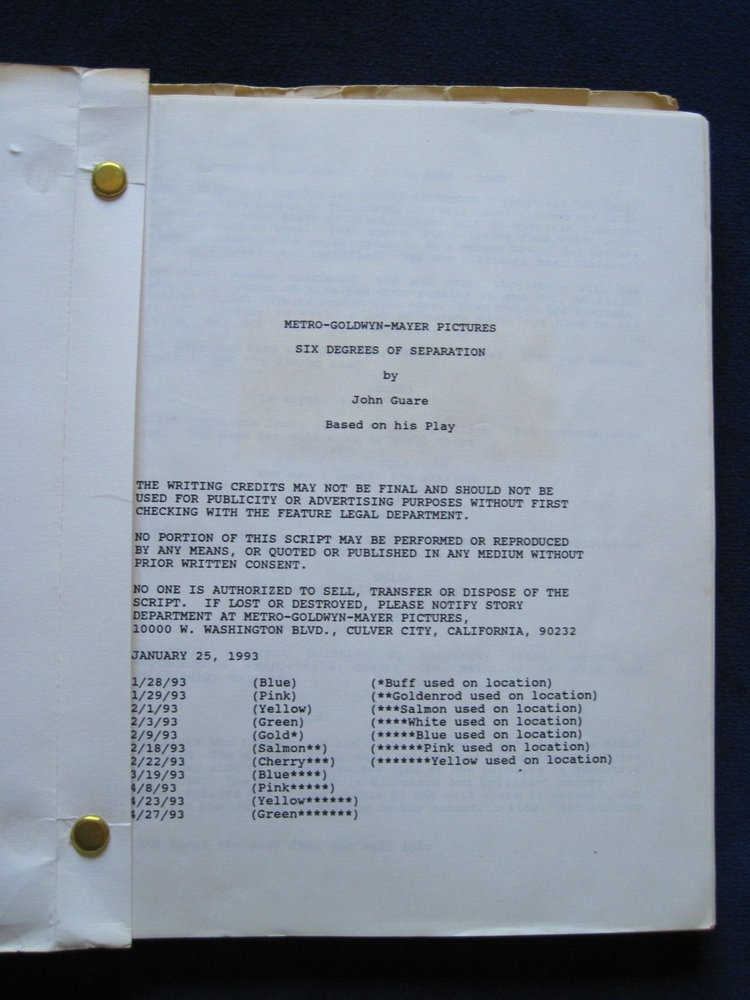 ORIGINAL SCRIPT - SIX DEGREES OF SEPARATION by JOHN GUARE - STARRING WILL SMITH