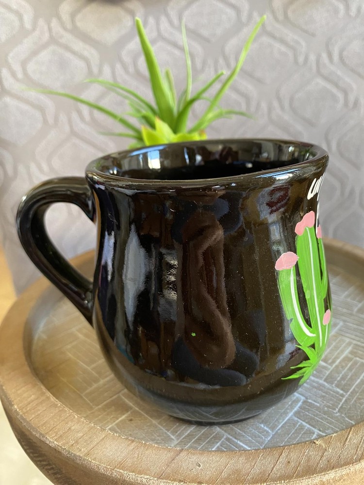 Hand-Painted Black Ceramic Mug with Spanish Inscription