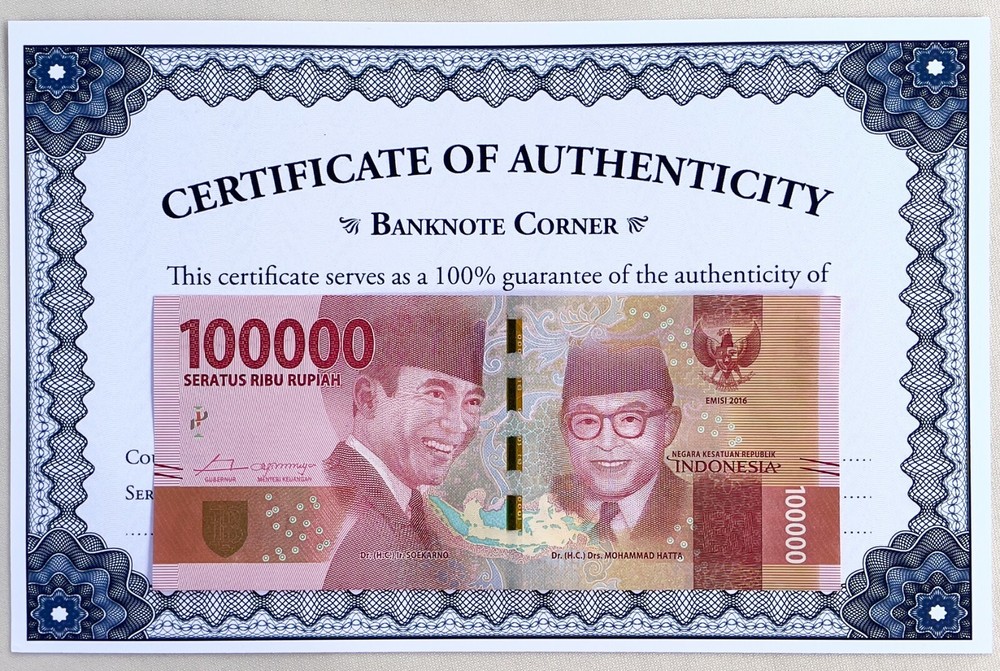 AUTHENTIC INDONESIA 100000 RUPIAH IDR 2016 SECURITY COA CERTIFICATE UV PASSED
