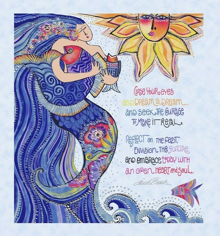 Sea Goddess PANEL LIGHT PERIWINKLE Mermaid Text Laurel Burch PANEL Fabric 1/3 YD