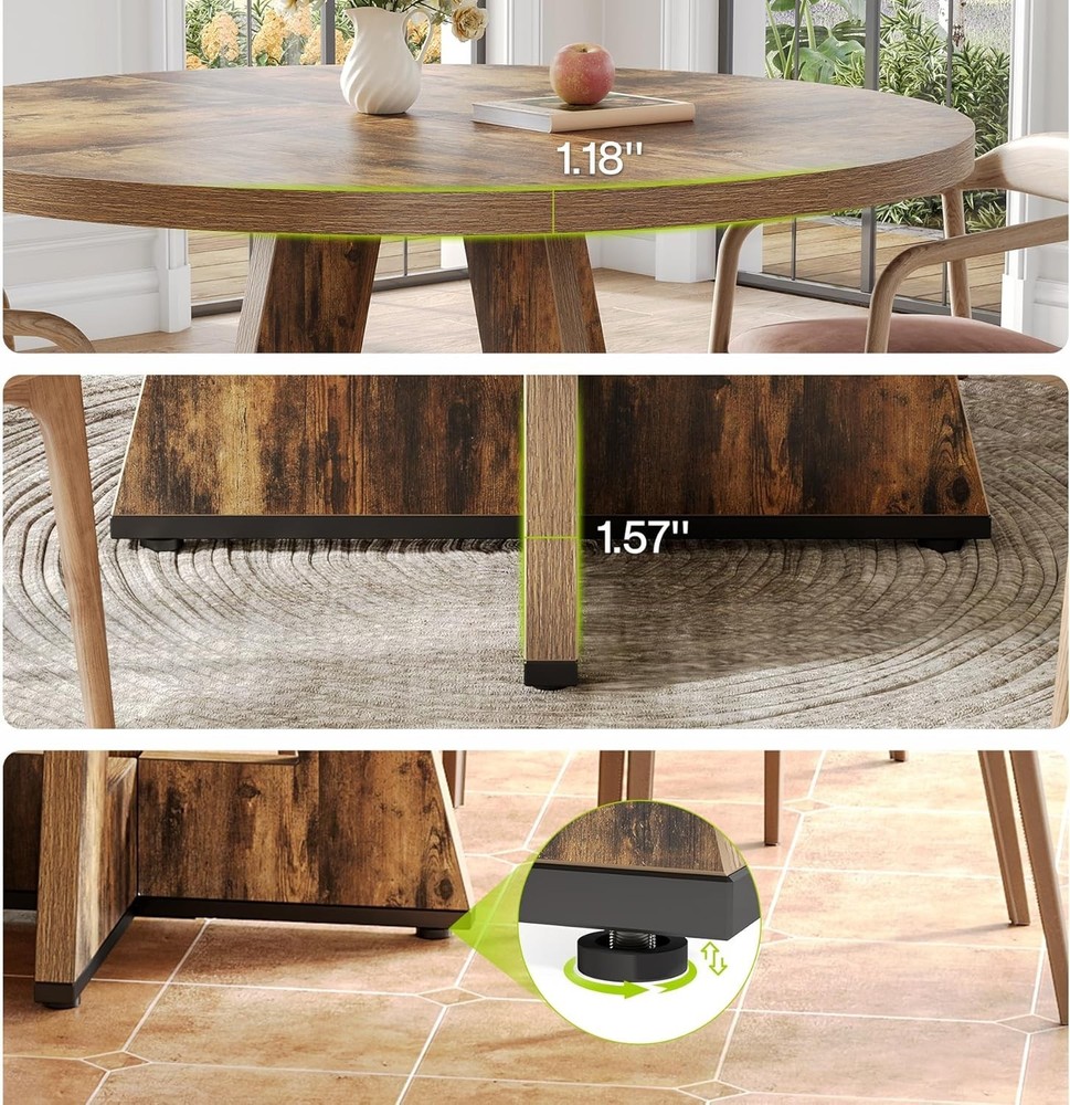 Rustic Brown Round Dining Table for 4-6 - Perfect for Dining Rooms & Kitchens