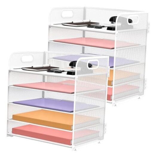 Pack 5-Tier White Desk Organizer with Handle Mesh Desk 2 Elegant White