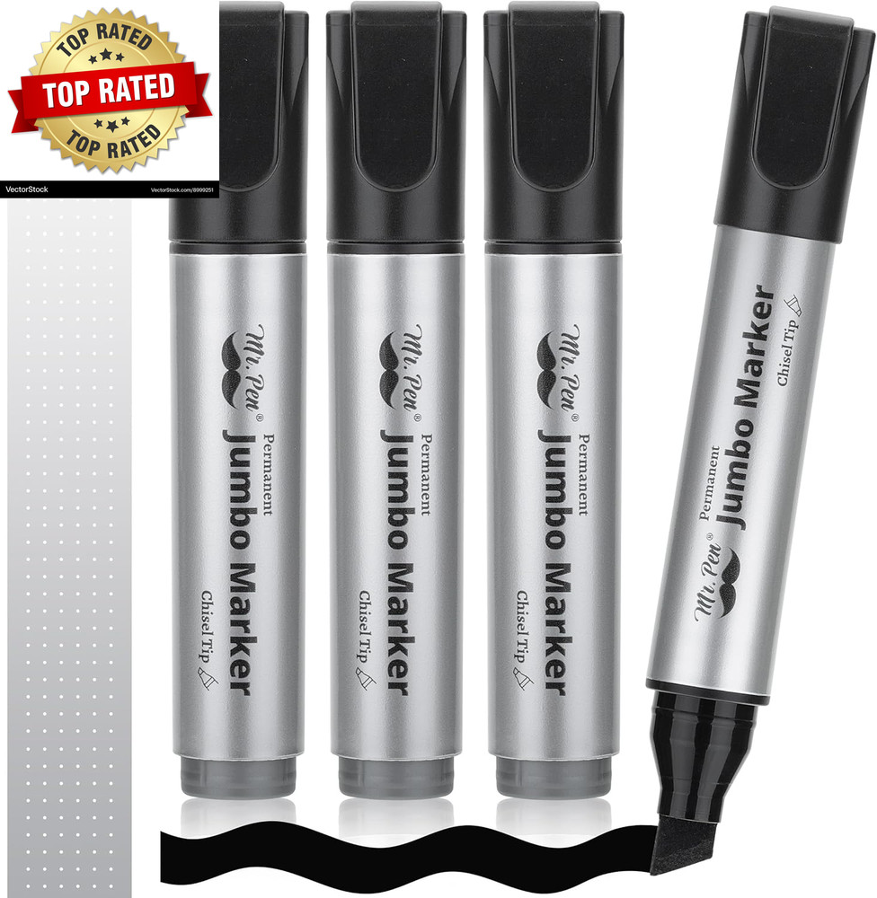 Jumbo Permanent Markers, 4 Pack, Chisel Tip, Black, Thick, Large, Wide Tip
