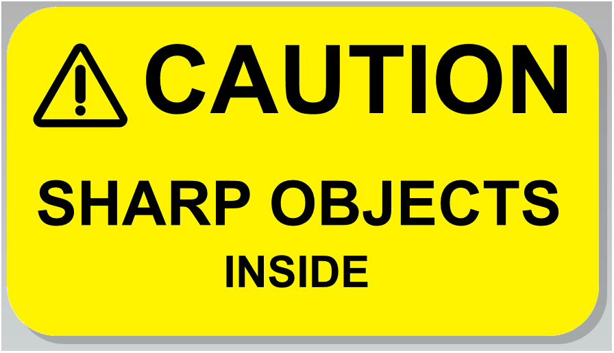 ⚠CAUTION SHARP OBJECTS INSIDE Warning Sticker Label Yellow 2.25" L x 1.25" H
