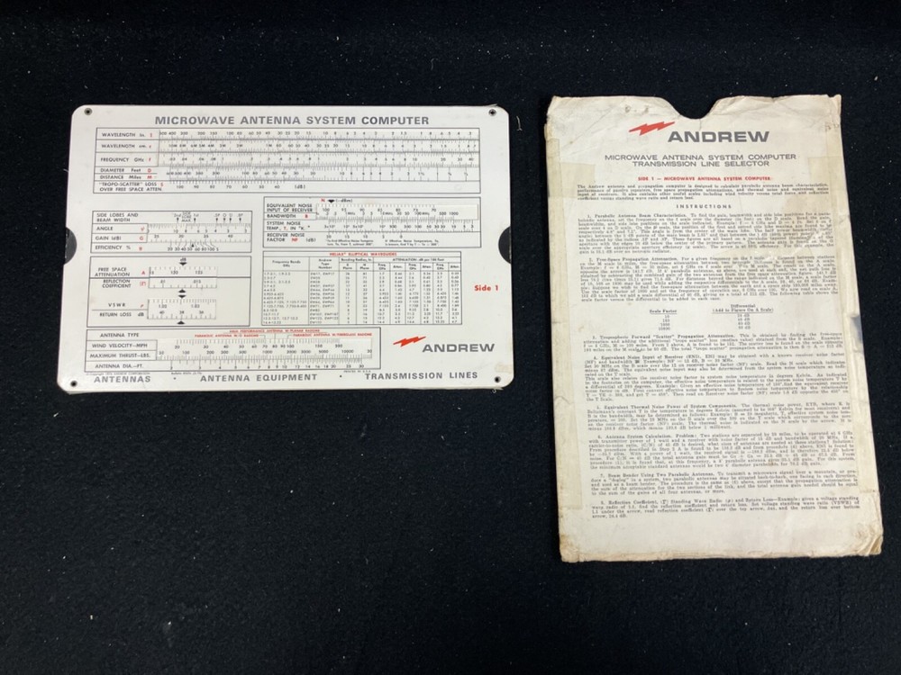 1976 ANDREW MICROWAVE ANTENNA SYSTEM COMPUTER SLIDE RULE CALCULATOR W INSTRUCTIO