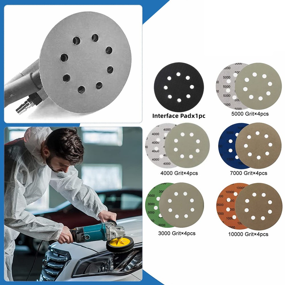 5inch Silicon Carbide Sanding Disc 3000-10000 Assorted Grit W/Pad Hook Loop 21Pc