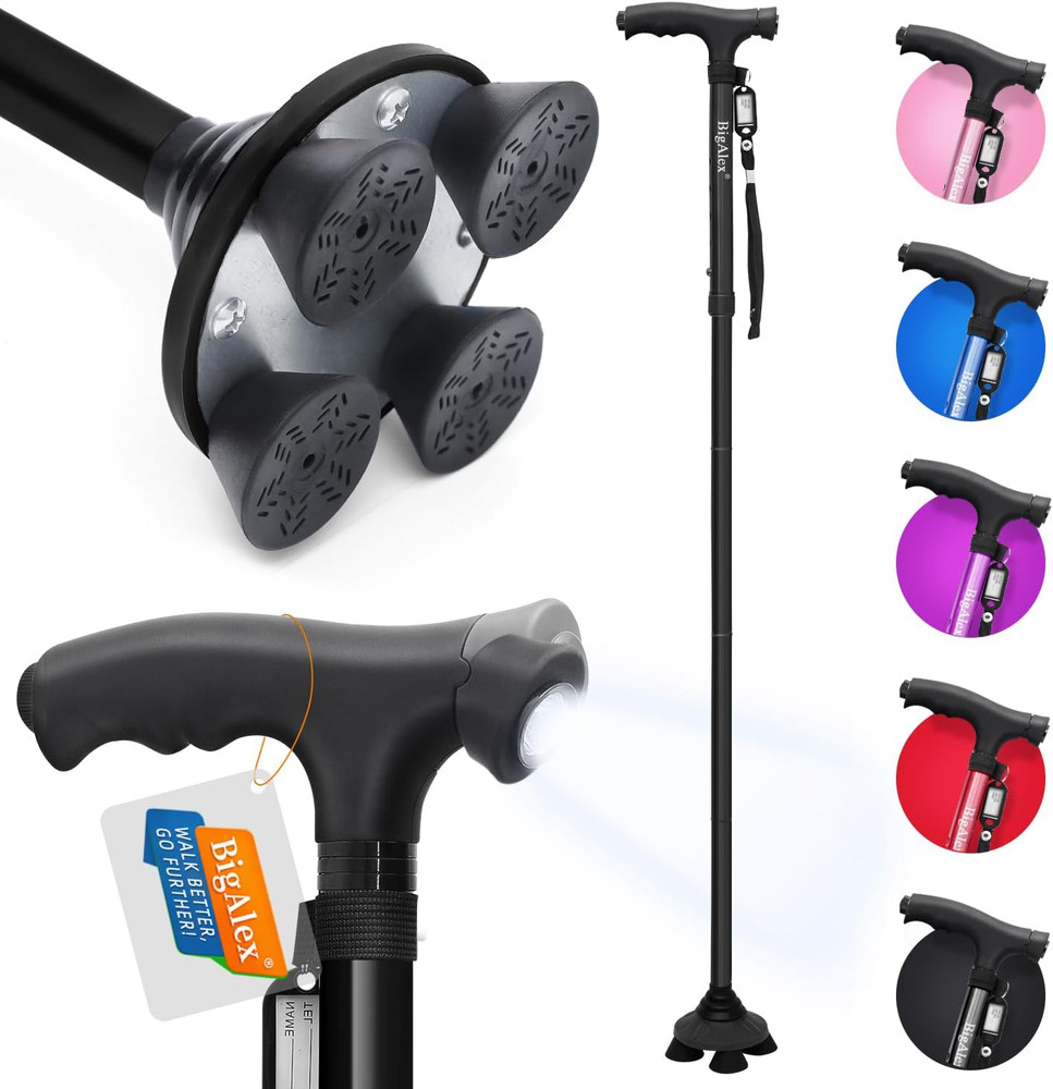 Bigalex Folding Walking Cane with LED Light,Pivoting Quad Base,Adjustable Walkin
