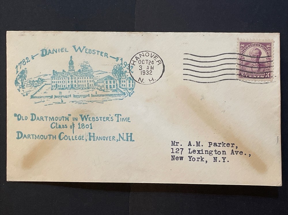 1932 Daniel Webster Three FDCs (Sc# 725) Exeter, Franklin and Hanover