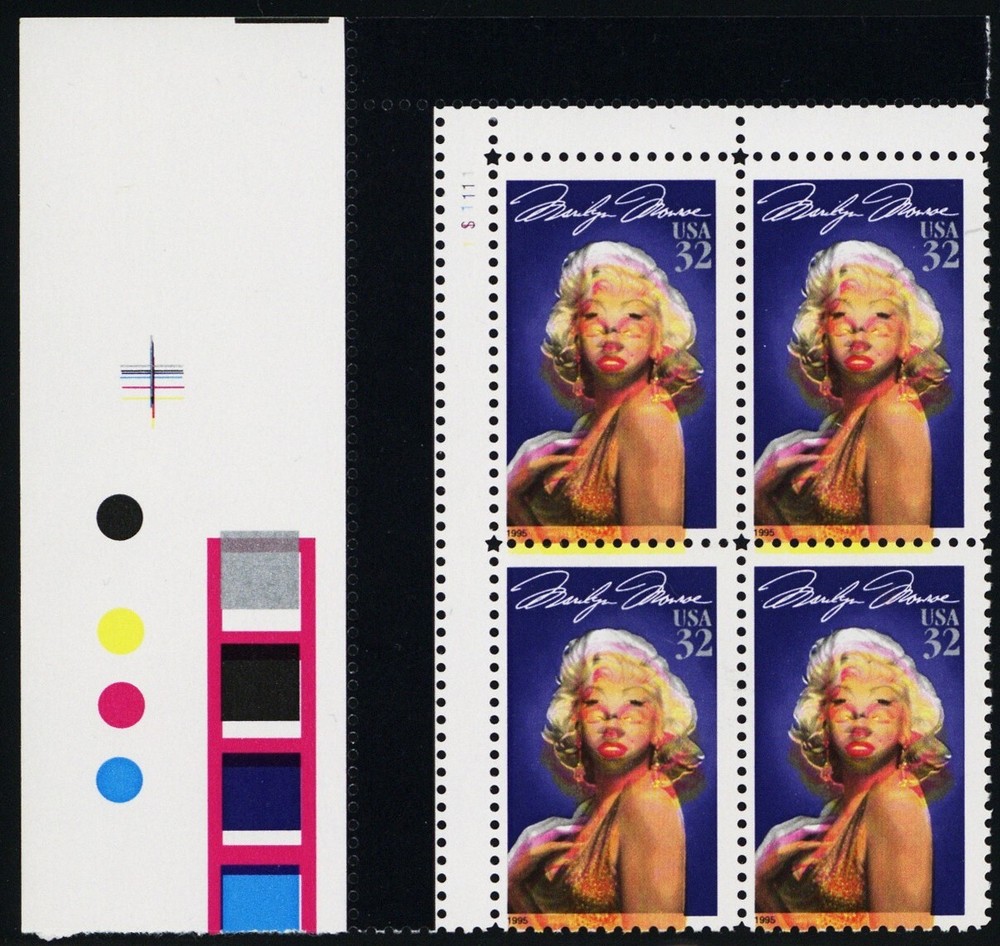 2967, Var, MNH 32¢ Marilyn Monroe Color Shift Error Block -- Stuart Katz
