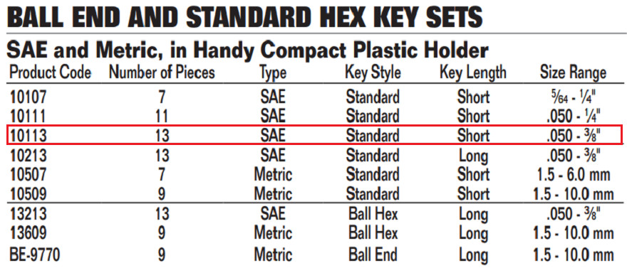 Williams 10113 Hex Key Set - Short, 11 Piece