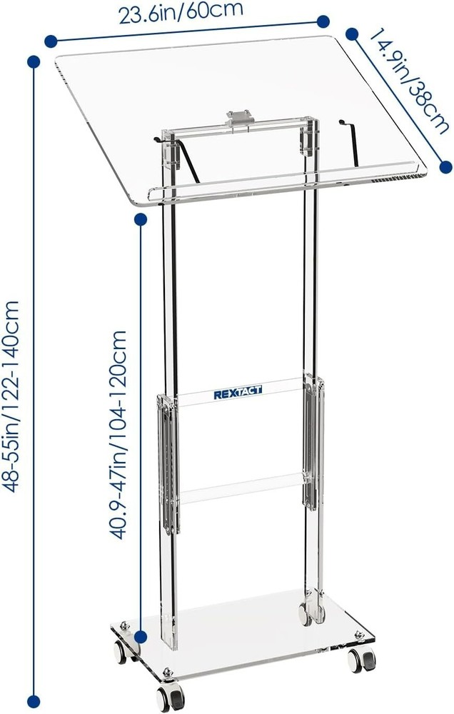 RexTact Adjustable Acrylic Podium 49"H Rolling Lockable Wheels