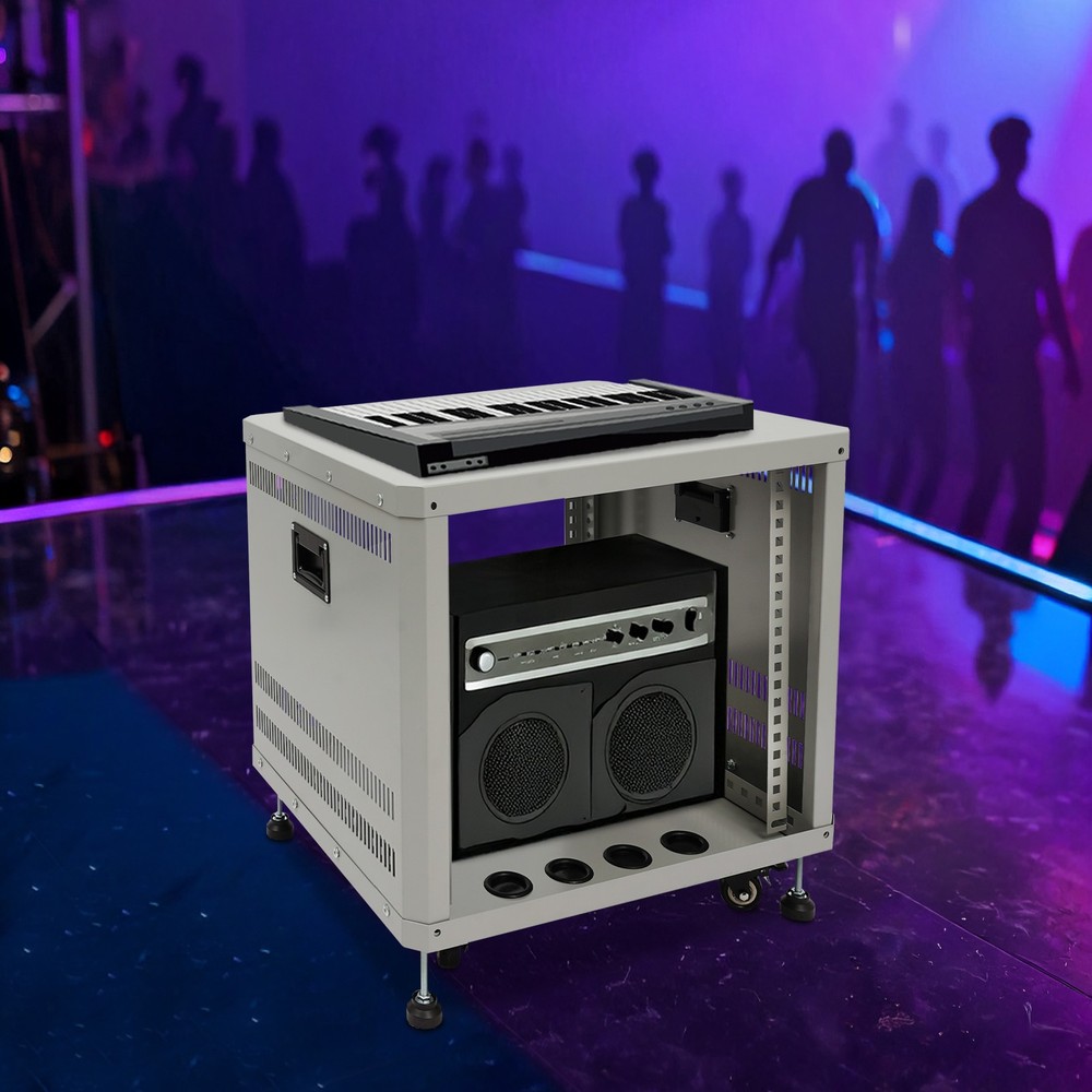 9U Server Rack Grey Semi-open Carbon Steel Rolling Studio Rack Case W/ Wheels