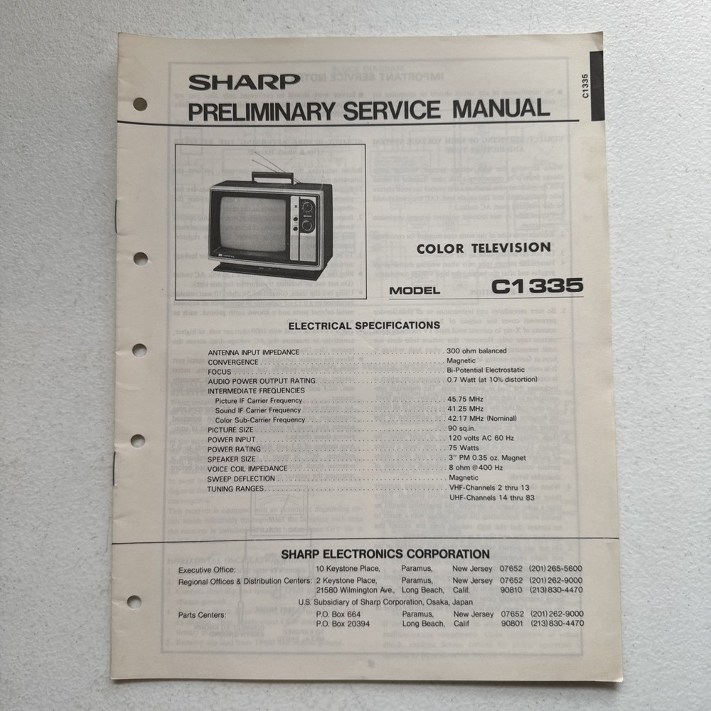 Sharp Electronics Color TV Model C1335 Preliminary Service Information