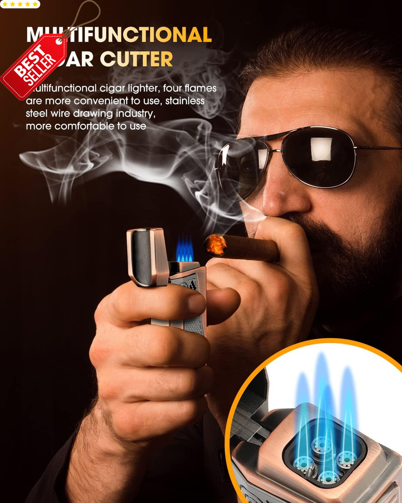 4 Jet Torch Cigar Lighter Windproof Refillable Punch Holder Draw Enhancer - US