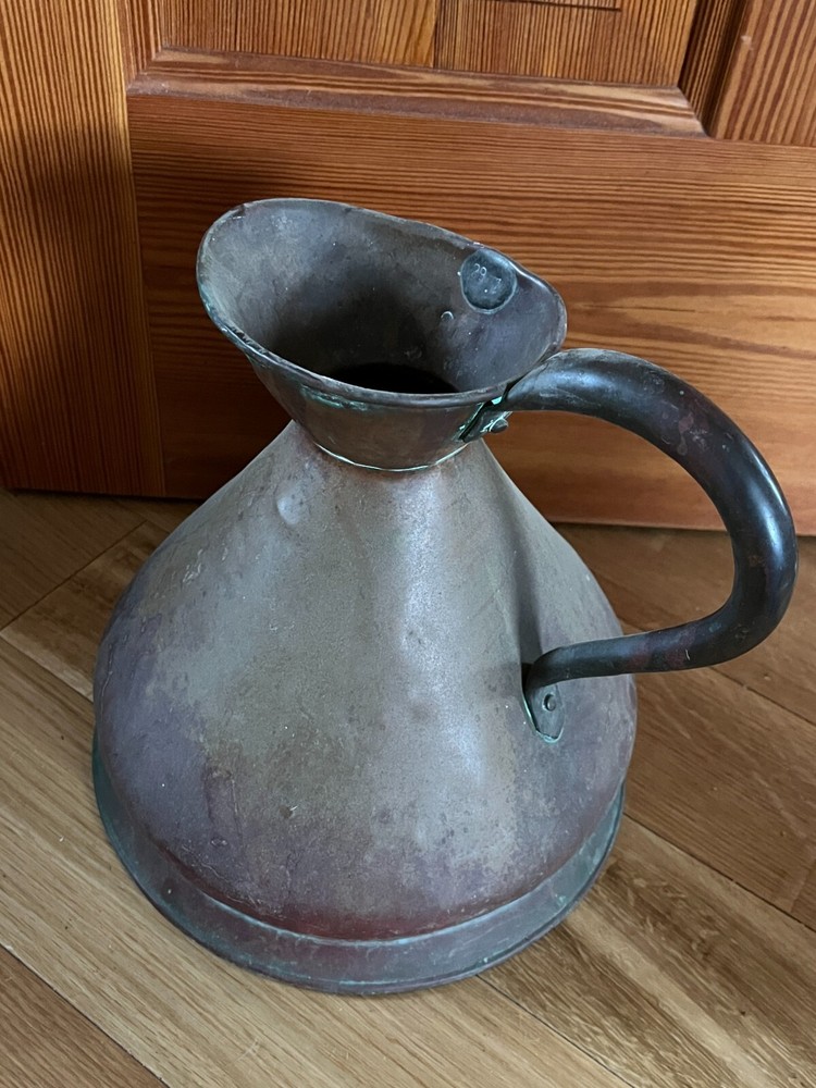 Antique Large Solid Copper Metal Primitive Pitcher w Numbers indicating size –
