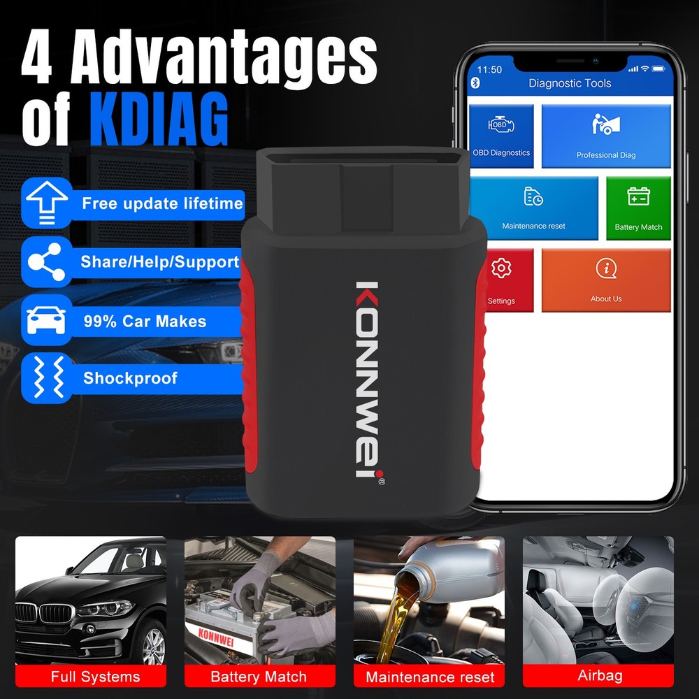 KONNWEI KDIAG Wireless Car OBD2 Reader Code Scanner ABS SRS Diagnostic Tool