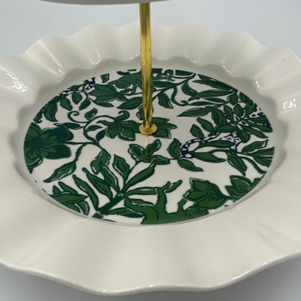 Lilly Pulitzer Three-Tier Ceramic Cake Stand, Green Pattern, Gold Handle, Round