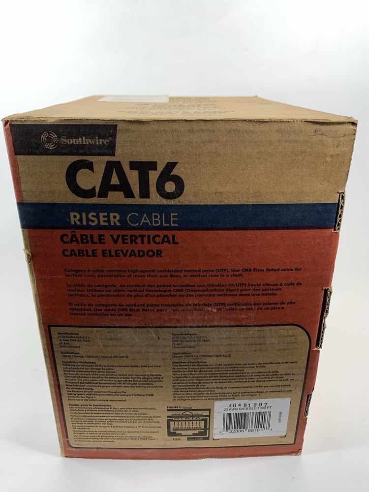 Southwire CAT6 Solid CU Riser Cable CMR 23/4 Data Cable, Blue, 1000ft. NEW