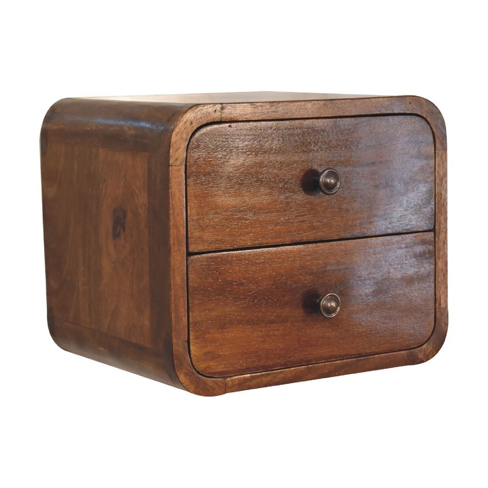 Solid Wood Floating Mini Nightstand, 2-Drawers, Chestnut, Brown
