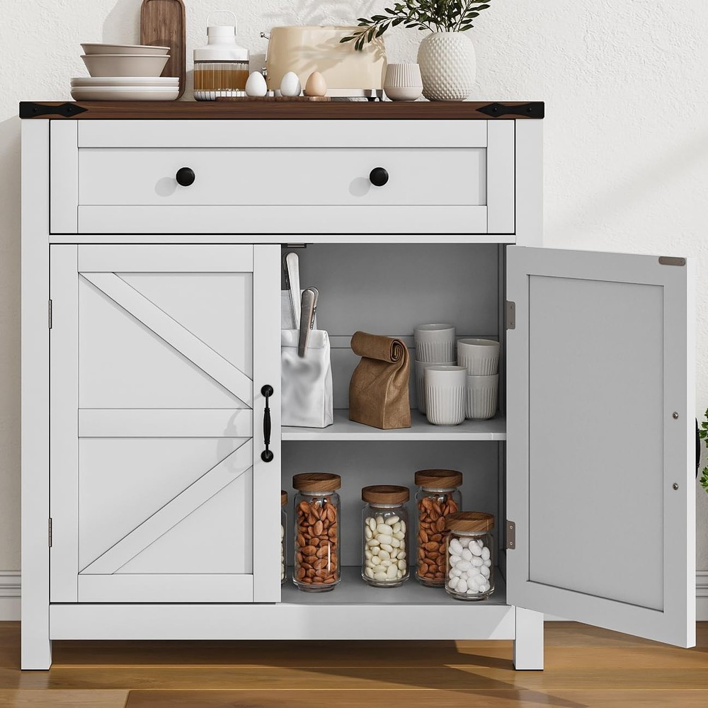 Buffet Sideboard W/ 2 Barn Doors,Black Kitchen Cabinet W/ Adjustable Shelf