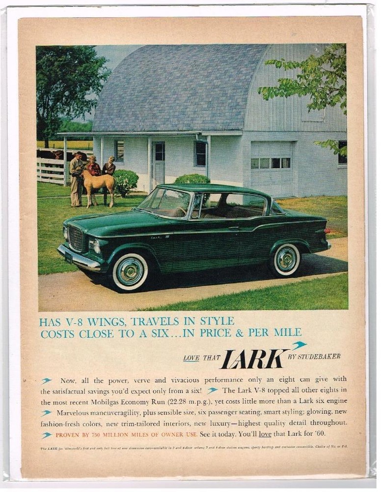 Vintage 1960 Studebaker Lark Car Ad;  Love That Lark by Studebaker!!