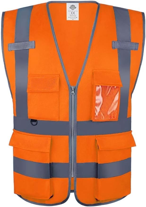 Dazonity High Visibility Mesh Safety Vest with Multi Pockets-Orange/XL