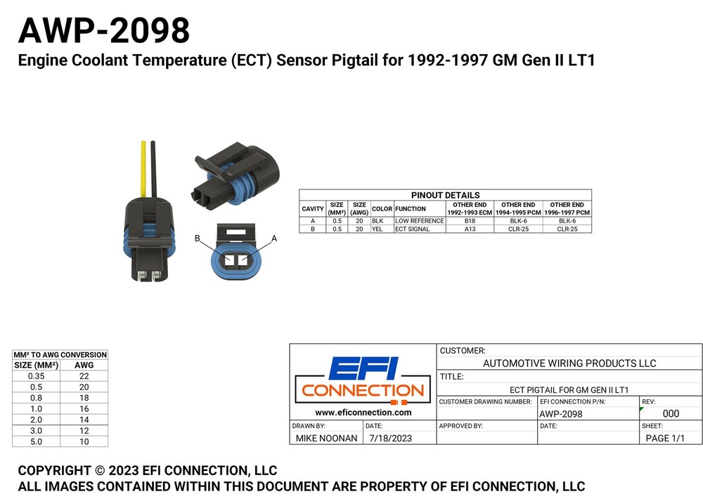 Engine Coolant Temperature (ECT) Sensor Pigtail for 1992-1997 GM Gen II LT1