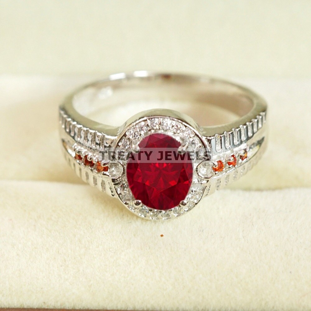 Ruby Oval Cut With 14K Solid White Gold Ring For Men's #B522
