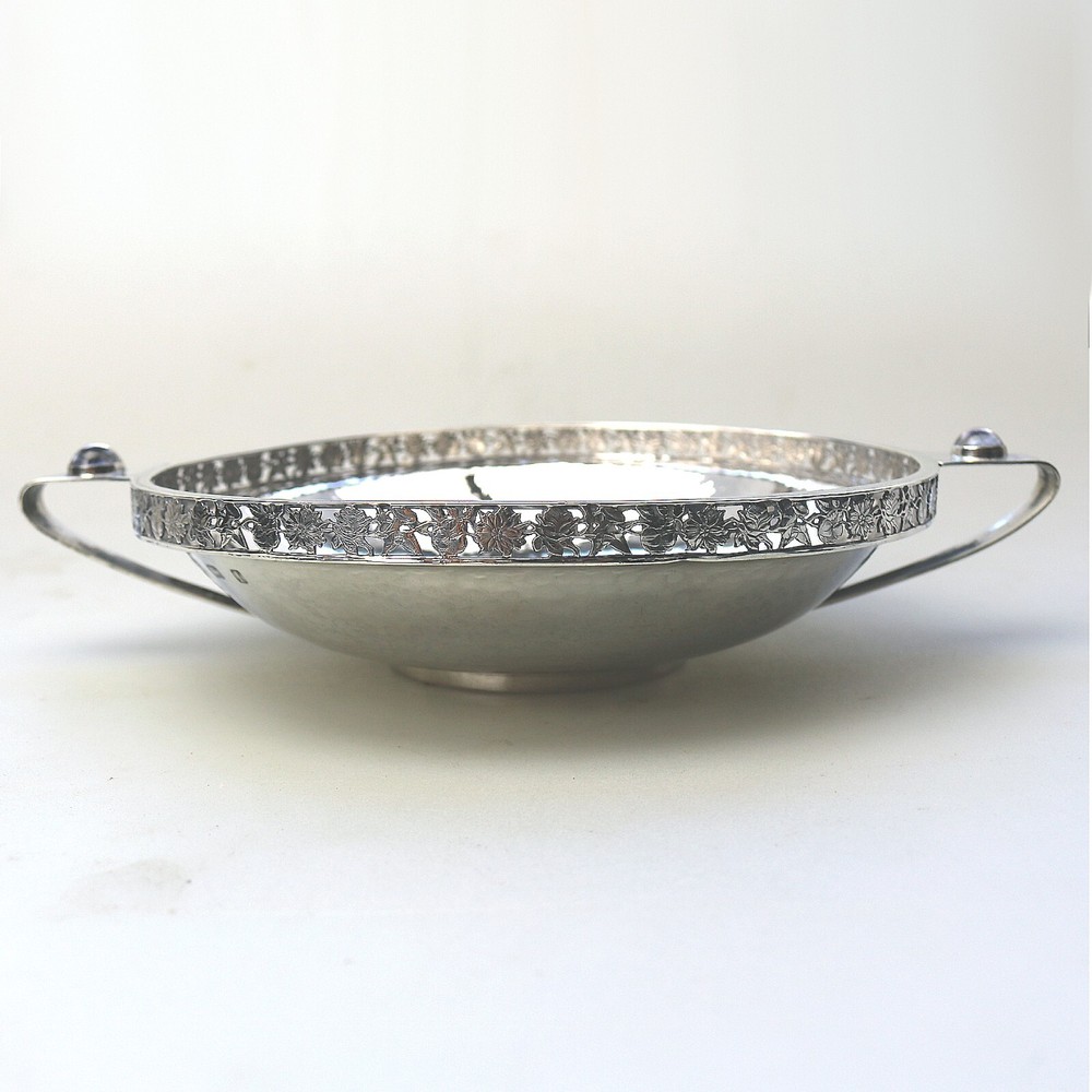 Extremely rare A E Jones cabochon set Arts & Crafts solid silver Bowl 252g 1910