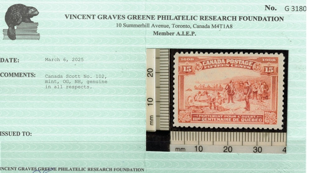 Canada #102 Very Fine Never Hinged **With Certificate**