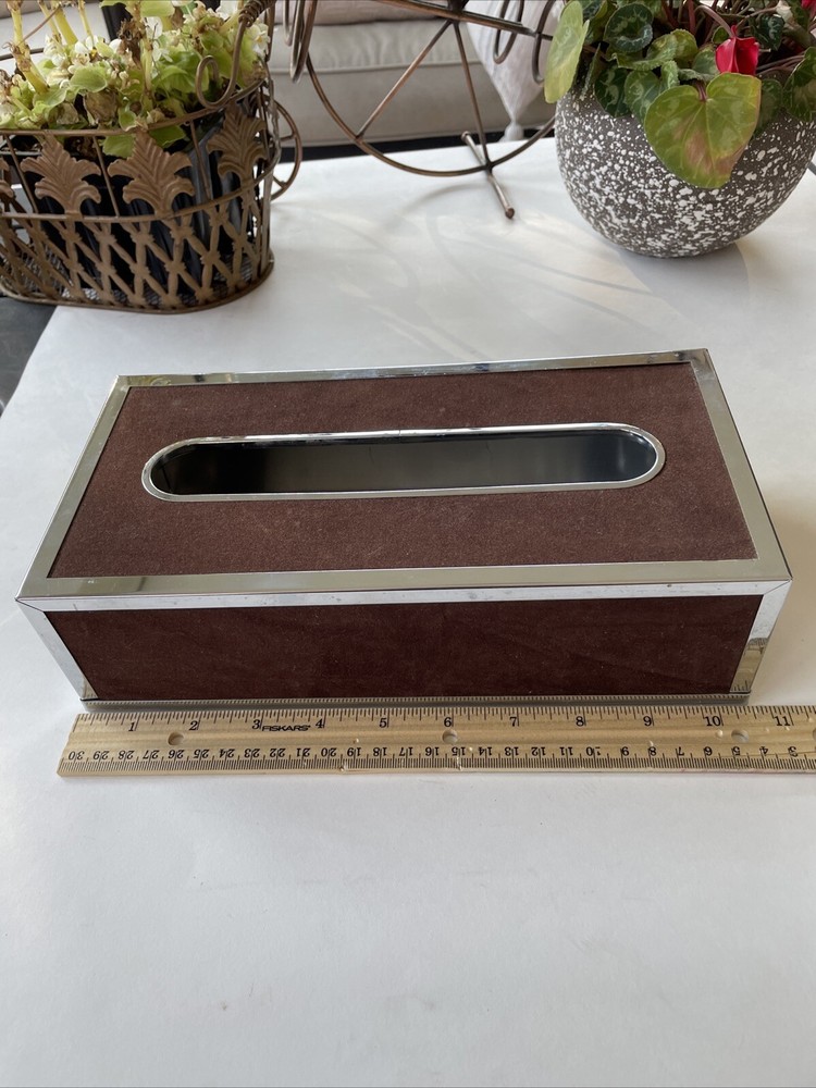 Vtg Stylebuilt Chrome Suede Tissue Box Holder Vanity 2 Pc