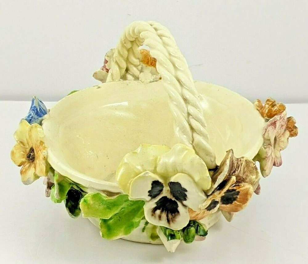 Vintage Ceramic Flowered Basket Braided Handle Italy