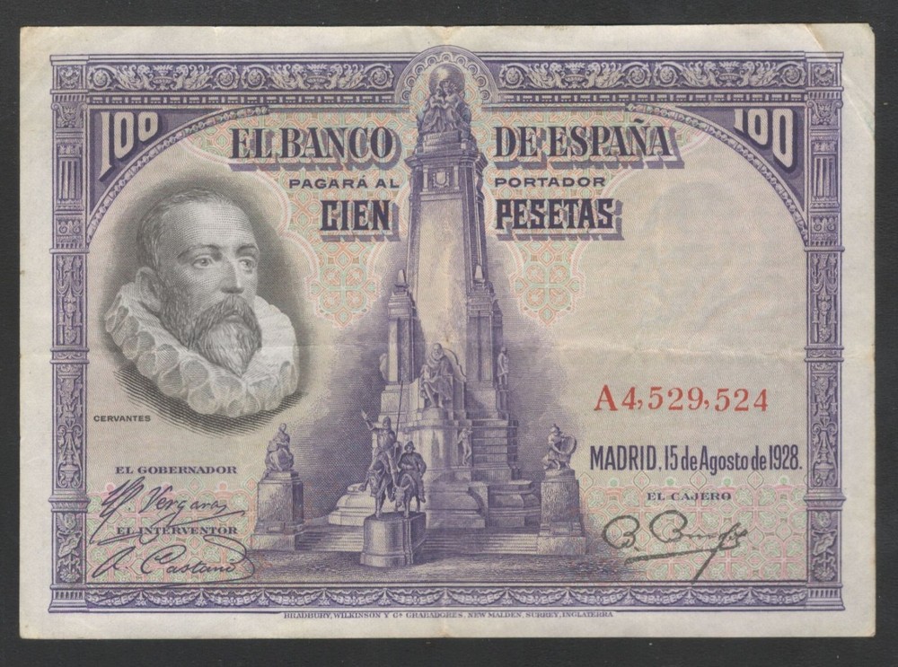 1928 Spain 100 Pesetas Note.